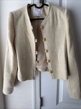 Mango Cream Bouclé Collarless Jacket with Gold Buttons